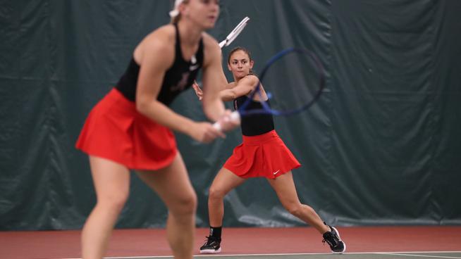 Alabama women's tennis player Klara Milicevic hits the ball against Arkansas at Roberta Alison Baumgardner Tennis Facility in Tuscaloosa, AL on Friday, Mar 8, 2024.
