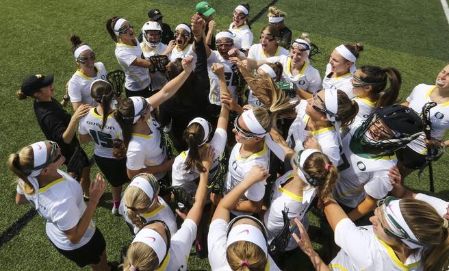 Oregon Ducks Women's Lacrosse Team-Worn #15 White and Yellow Jersey used  between the 2010 - 2016 Seasons - Size XL