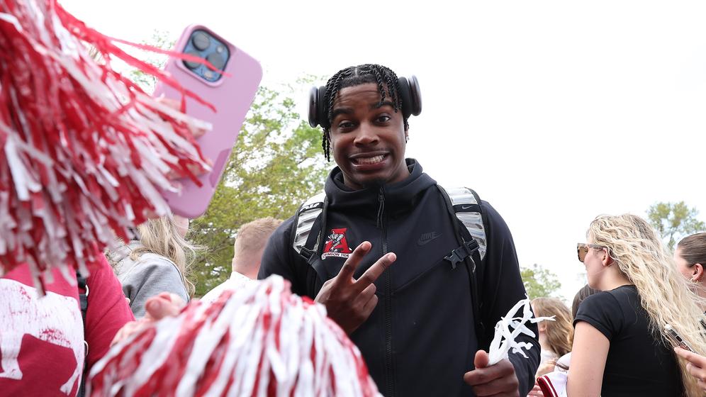 Alabama guard Latrell Wrightsell (12) is greeted by fans at the Final Four Sendoff at the Tuscaloosa National Airport in Tuscaloosa, AL on Tuesday, Apr 2, 2024.
