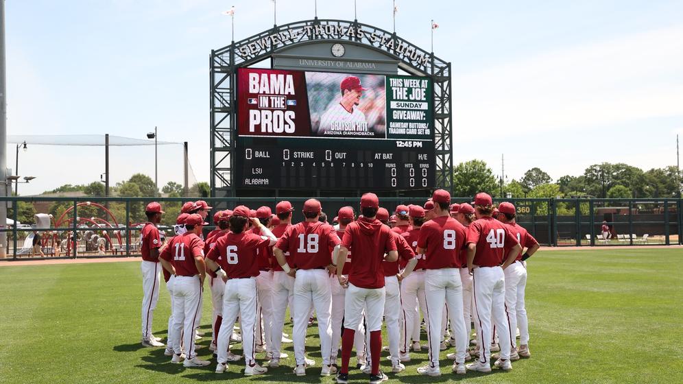 The University of Alabama Baseball Team in the pre-game huddle against LSU at Sewell-Thomas Stadium in Tuscaloosa, AL on Sunday, May 12, 2024.
