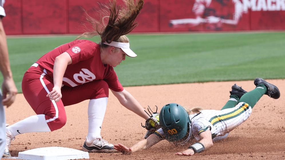 Alabama softball player Kenleigh Cahalan (31) tags the runner out at third against Southeastern at Rhoads Stadium in Tuscaloosa, AL on Saturday, May 18, 2024.
