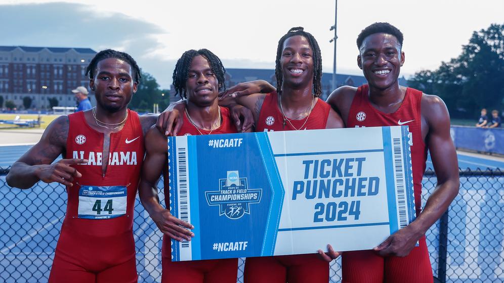 Alabama Track Athlete Khaleb McRae, Alabama Track Athlete Matthew Weaver, Alabama Track Athlete Chris Robinson, and Alabama Track Athlete Samuel Ogazi punch their ticket to the National Championships in Eugene during the NCAA Regionals at the UK Track and Field Complex in Lexington, KY on Friday, May 24, 2024.
