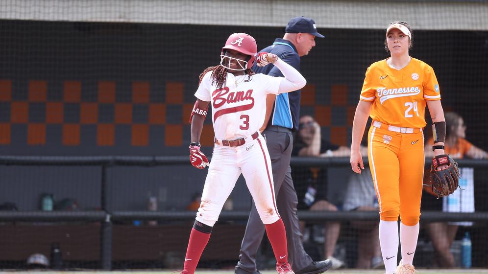 Alabama softball player Kristen White (3) celebrates after making it to third base against Tennessee at Sherri Parker Lee Stadium in Knoxville, TN on Friday, May 24, 2024.
