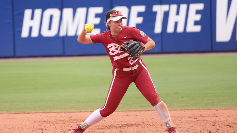 Alabama softball player Kali Heivilin (22) throws to first against UCLA at Devon Park in Oklahoma City, Oklahoma on Thursday, May 30, 2024.

Photo by Kent Gidley