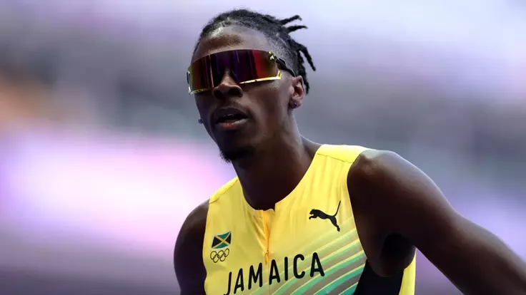 PARIS, FRANCE - AUGUST 07: Navasky Anderson of Team Jamaica looks on during the Men's 800m Round 1 on day twelve of the Olympic Games Paris 2024 at Stade de France on August 07, 2024 in Paris, France. (Photo by Hannah Peters/Getty Images)