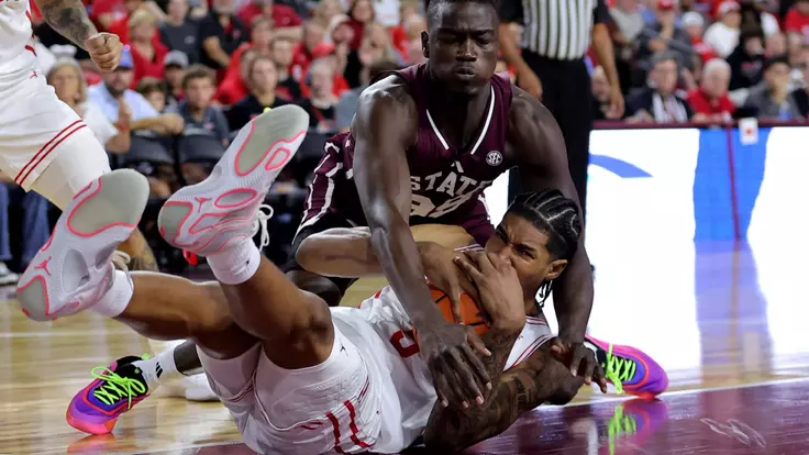 HOUSTON, TX - October 26, 2025 - Mississippi State Forward Achor Achor (#99) during the game between the Houston Cougars and the Mississippi State Bulldogs at Fertitta Center in Houston, TX. Photo By Erik Williams