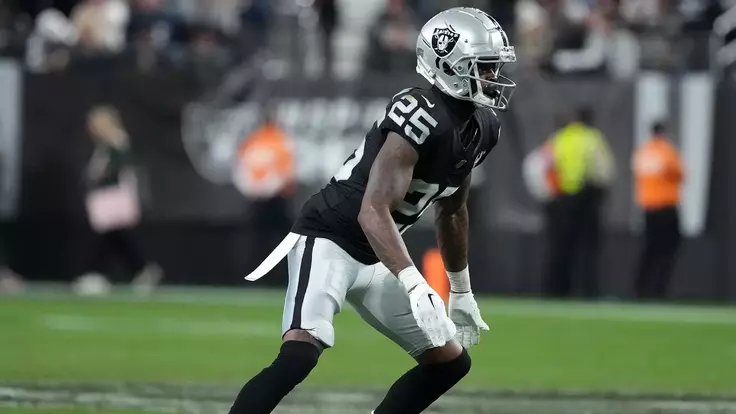 Dec 16, 2024; Paradise, Nevada, USA; Las Vegas Raiders cornerback Decamerion Richardson (25) against the Atlanta Falcons in the second half at Allegiant Stadium. Mandatory Credit: Kirby Lee-Imagn Images