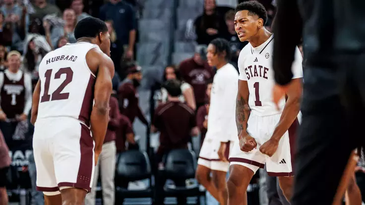 STARKVILLE, MS - November 05, 2025 - Mississippi State Guard Dellquan Warren (#1) and Mississippi State Guard Josh Hubbard (#12) during the game between the North Alabama Lions and the Mississippi State Bulldogs at Humphrey Coliseum in Starkville, MS. Photo By Mike Mattina