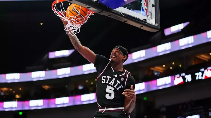SALT LAKE CITY, UT - December 13, 2025 - Mississippi State Guard Shawn Jones Jr. (#5) during the game between the Utah Utes and the Mississippi State Bulldogs at The Delta Center in Salt Lake City, Utah. Photo By Eli Rehmer