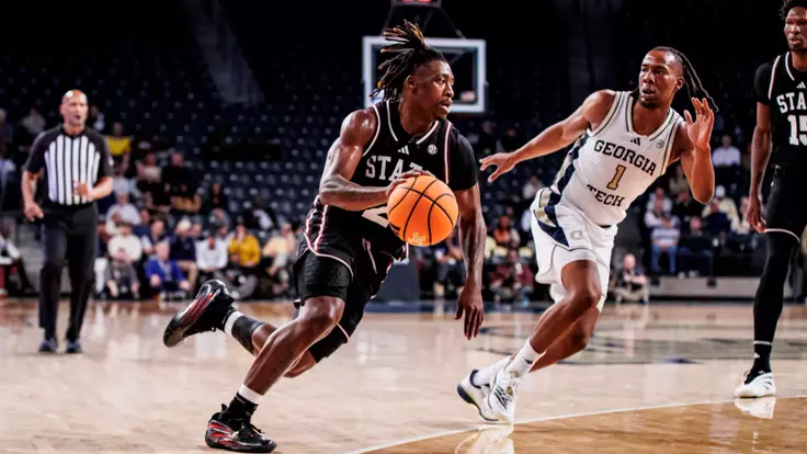 ATLANTA, GA - December 03, 2025 - Mississippi State Guard Jaborri McGhee (#2) during the game between the Georgia Tech Yellow Jackets and the Mississippi State Bulldogs at McCamish Pavilion in Atlanta, GA. Photo By Mike Mattina