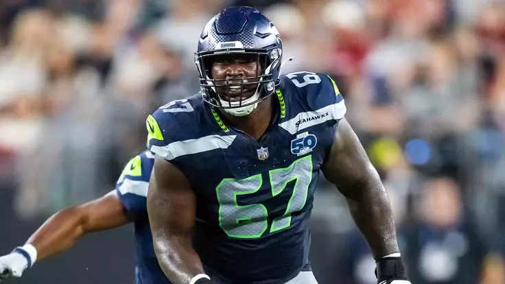 Sep 25, 2025; Glendale, Arizona, USA; Seattle Seahawks tackle Charles Cross (67) against the Arizona Cardinals at State Farm Stadium. Mandatory Credit: Mark J. Rebilas-Imagn Images
