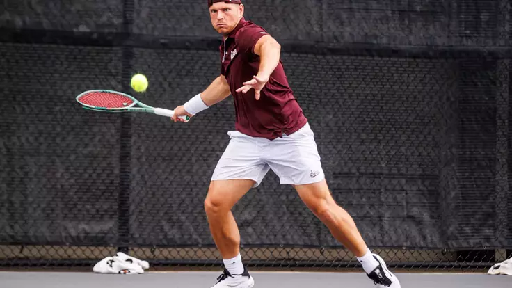 STARKVILLE, MS - April 05, 2025 - Mississippi State's Michal Novansky during the match between the Auburn Tigers and the Mississippi State Bulldogs at the AJ Pitts Tennis Centre in Starkville, MS. Photo By Mike Mattina