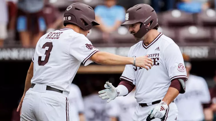 STARKVILLE, MS - April 05, 2025 - Mississippi State Designated Hitter/Pitcher Noah Sullivan (#18) and Mississippi State Infielder Ace Reese (#3) during the game between the South Carolina Gamecocks and the Mississippi State Bulldogs at Dudy Noble Field at Polk-Dement Stadium in Starkville, MS. Photo By Will Porada