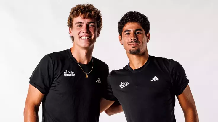 STARKVILLE, MS - September 09, 2025 - Mississippi State's Marshall Landry and Mississippi State's Roberto Ferrer Guimaraes during 2025-2026 Men's Tennis Production Day at the Holliman Athletic Center at Mississippi State University in Starkville, MS. Photo By Mike Mattina