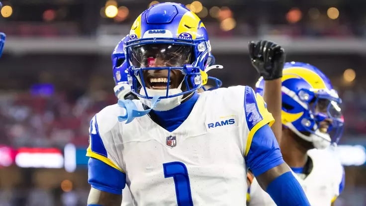 Dec 7, 2025; Glendale, Arizona, USA; Los Angeles Rams cornerback Emmanuel Forbes Jr. (1) against the Arizona Cardinals at State Farm Stadium. Mandatory Credit: Mark J. Rebilas-Imagn Images