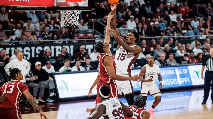STARKVILLE, MS - January 07, 2026 - Mississippi State Center Quincy Ballard (#15) during the game between the Oklahoma Sooners and the Mississippi State Bulldogs at Humphrey Coliseum in Starkville, MS. Photo By Mike Mattina