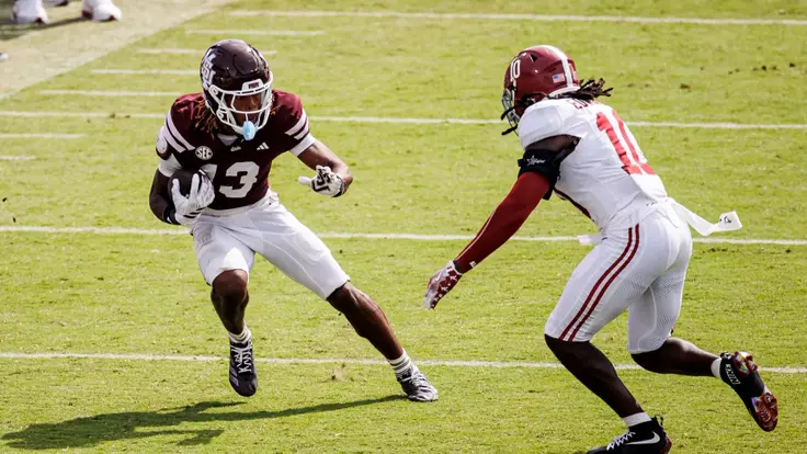 STARKVILLE, MS - October 03, 2026 - Mississippi State Wide Reciever Sanfrisco Magee (#13) during the game between the Alabama Crimson Tide and the Mississippi State Bulldogs at Davis Wade Stadium at Scott Field in Starkville, MS. Photo By Mike Mattina