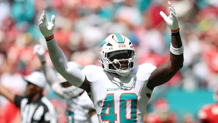 Sep 27, 2026; Miami Gardens, Florida, USA; Miami Dolphins linebacker Willie Gay Jr. (40) reacts after a stop on fourth down against the Kansas City Chiefs at Hard Rock Stadium. Mandatory Credit: Nathan Ray Seebeck-Imagn Images
