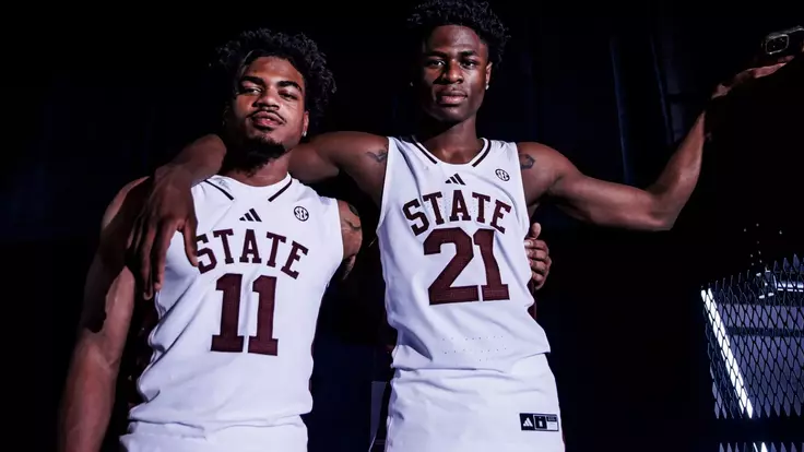 BIRMINGHAM, AL - October 14, 2026 - Mississippi State Guard RJ Johnson (#11) and Mississippi State Forward Thomas Bassong (#21) during 2026-2027 SEC Media Day at The Grand Bohemian Hotel in Birmingham, AL. Photo By Mike Mattina