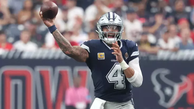 Oct 4, 2026; Houston, Texas, USA; Dallas Cowboys quarterback Dak Prescott (4) throws a pass against the Houston Texans during the first half at Reliant Stadium. Mandatory Credit: Thomas Shea-Imagn Images