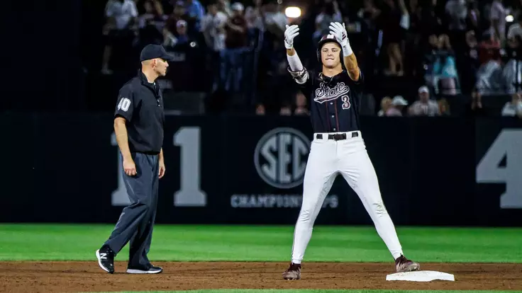 STARKVILLE, MS - May 09, 2025 - Mississippi State Infielder Ace Reese (#3) during Game 2 between the Ole Miss Rebels and the Mississippi State Bulldogs at Dudy Noble Field at Polk-Dement Stadium in Starkville, MS. Photo By Ivy Rose Ball