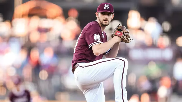 STARKVILLE, MS - April 26, 2019 - The Mississippi State Bulldogs pitcher Ethan Small (#44) during the game between the Georgia Bulldogs and the Mississippi State Bulldogs at Dudy Noble Field at Polk-Dement Stadium in Starkville, MS. Photo By Aaron Cornia