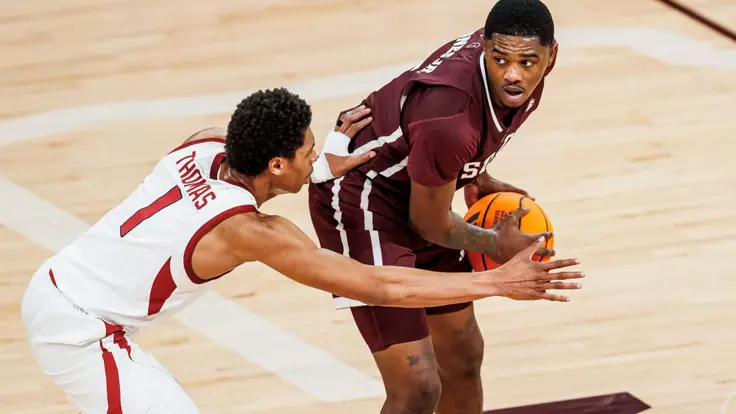 STARKVILLE, MS - February 07, 2026 - Mississippi State Guard Shawn Jones Jr. (#5) during the game between the Arkansas Razorbacks and the Mississippi State Bulldogs at Humphrey Coliseum in Starkville, MS. Photo By Mike Mattina