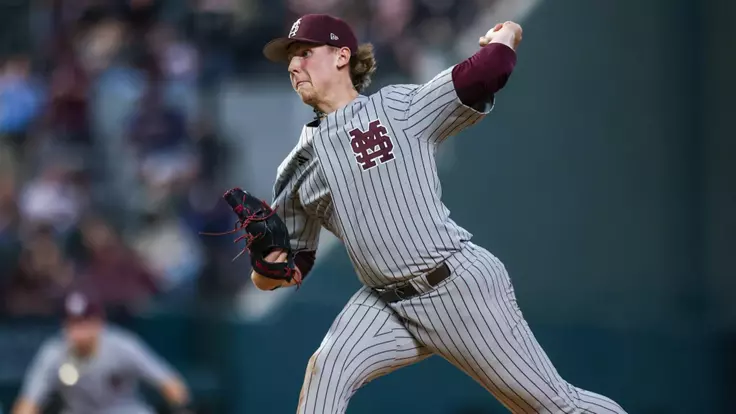 ARLINGTON, TX - February 28, 2026 - Mississippi State Pitcher Tomas Valincius (#4) during the game between the Virginia Tech Hokies and the Mississippi State Bulldogs at Globe Life Field in Arlington, TX. Photo By Mario Terrana