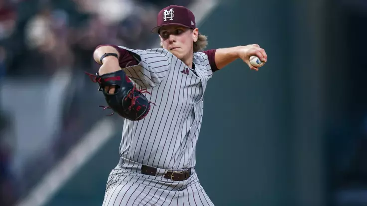 ARLINGTON, TX - February 28, 2026 - Mississippi State Pitcher Tomas Valincius (#4) during the game between the Virginia Tech Hokies and the Mississippi State Bulldogs at Globe Life Field in Arlington, TX. Photo By Mario Terrana