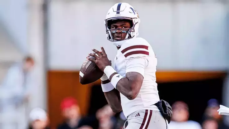 FAYETTEVILLE, AR - November 01, 2025 - Mississippi State Quarterback Kamario Taylor (#1) during the game between the Arkansas Razorbacks and the Mississippi State Bulldogs at Donald W. Reynolds Razorback Stadium in Fayetteville, AR. Photo By Mike Mattina