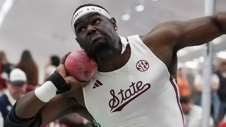 COLLEGE STATION, TX - February 28, 2026 - Mississippi State Thrower Roury McCloyen during the SEC Indoor Track & Field Championships at the R.A. “Murray” Fasten Indoor Track in College Station, TX. Photo By Sam Craft