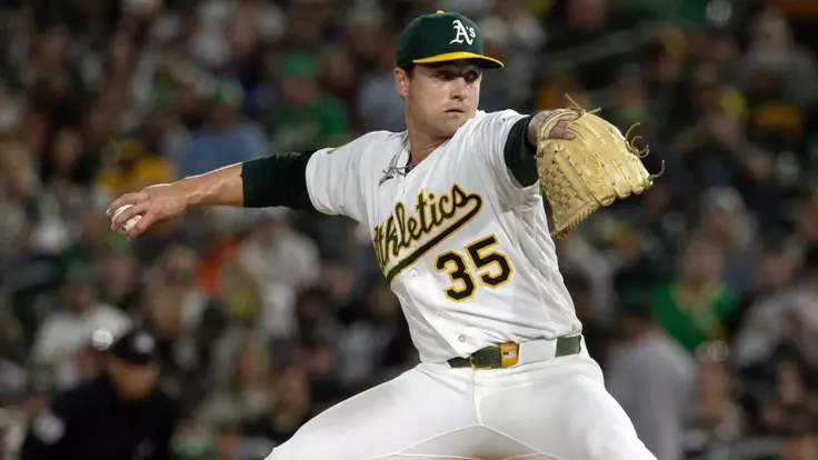 Apr 3, 2026; West Sacramento, California, USA; Athletics pitcher J.T. Ginn (35) delivers a pitch against the Houston Astros during the ninth inning at Sutter Health Park. Mandatory Credit: D. Ross Cameron-Imagn Images