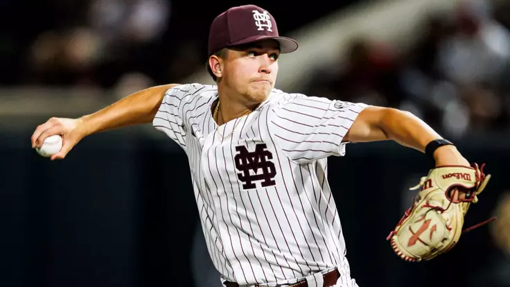 STARKVILLE, MS - May 05, 2026 - Mississippi State Pitcher Parker Rhodes (#17) during the game between the Nicholls State Colonel's and the Mississippi State Bulldogs at Dudy Noble Field at Polk-Dement Stadium in Starkville, MS. Photo By Mike Mattina