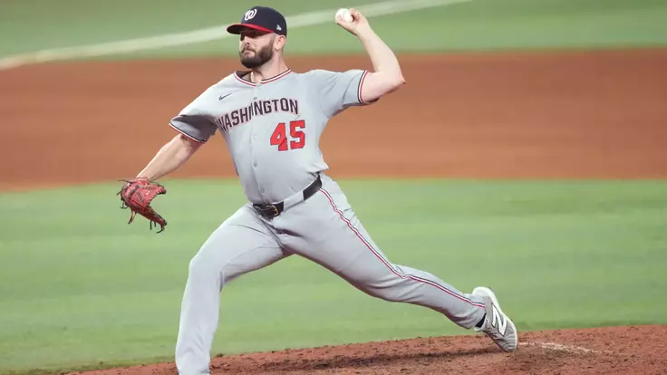 Sep 11, 2025; Miami, Florida, USA; Washington Nationals relief pitcher Konnor Pilkington (45) throws in the eighth inning against the Miami Marlins at loanDepot Park. Mandatory Credit: Jim Rassol-Imagn Images