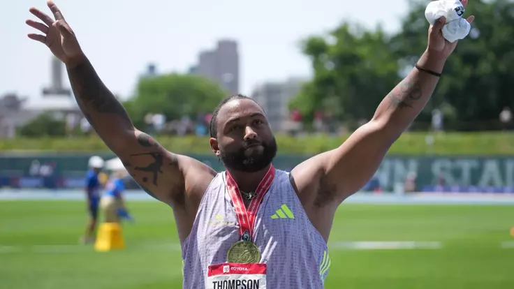 Jul 25, 2026; New York, NY, USA; Curtis Thompson gestures after winning the javelin with a throw of 287-4 (87.59m) during the USATF Championships at Icahn Stadium. Mandatory Credit: Kirby Lee-Imagn Images