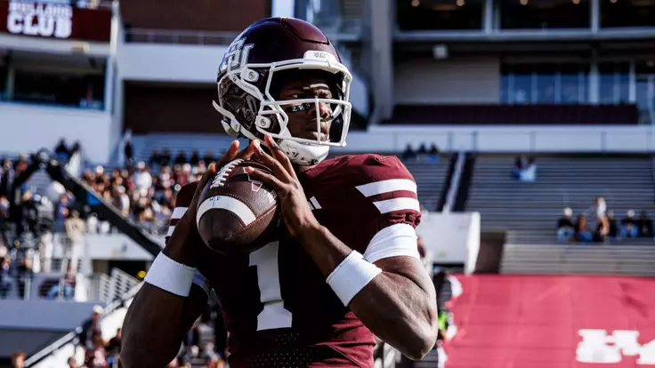 STARKVILLE, MS - November 28, 2025 - Mississippi State Quarterback Kamario Taylor (#1) during the game between the Ole Miss Rebels and the Mississippi State Bulldogs at Davis Wade Stadium at Scott Field in Starkville, MS. Photo By Mike Mattina