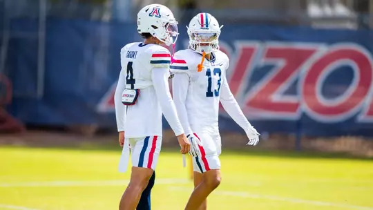 defensive back Matai Tagoa'i (4), defensive back Cam Chapa (13) — TUCSON, ARIZ. -- Football fall camp, day 8. Aug. 14, 2026. Photo by Mike Christy / Arizona Athletics
