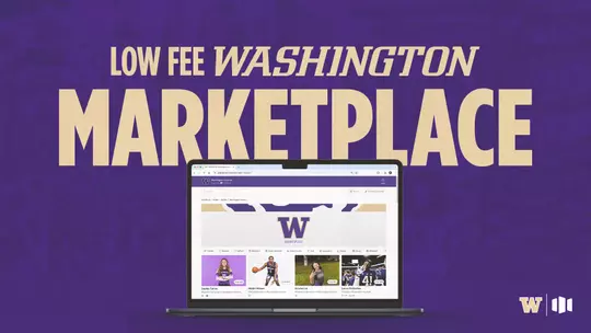 "Low fee Washington Marketplace" graphic with laptop and Opendorse page