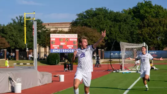 Connor Lofy celebrates after scoring the game-winning goal against No. 5 seed SMU to advance to the third round of the NCAA Tournament.
