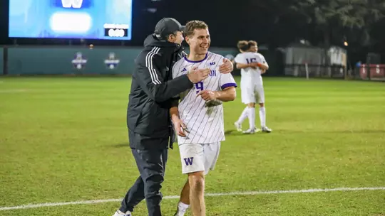 Charlie Kosakoff and Jamie Clark celebrate after Kosakoff's game-winning goal in the third round of the NCAA Tournament over Stanford.