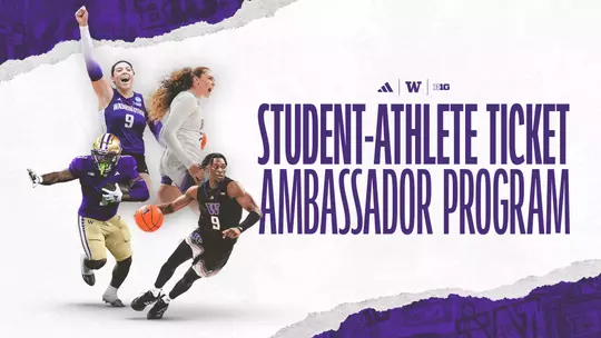 Student-Athlete Ticket Ambassador Program graphic with Kierstyn Barton, Jonah Coleman, Elle Ladine and Zoom Diallo