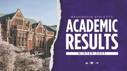 Washington Athletics academic results - winter 2025 with campus building and cherry blossoms pictured left
