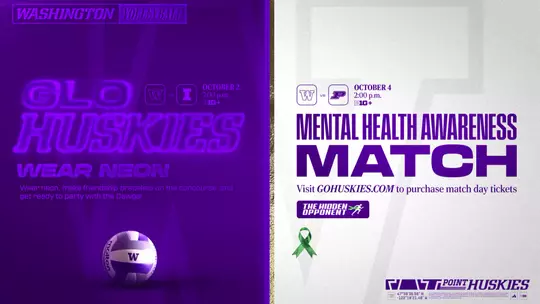 volleyball Illinois and Purdue promotional graphic: Glo Huskies vs Illinois and Mental Health Awareness vs Purdue