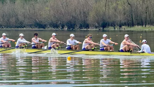 A Washington men's rowing crew races vs. Oregon State at Vancouver Lake on April 11, 2026