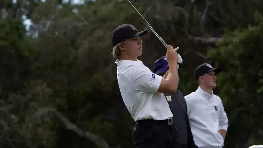 Emil Herstad hits a tee shot following the second round of the Western Intercollegiate