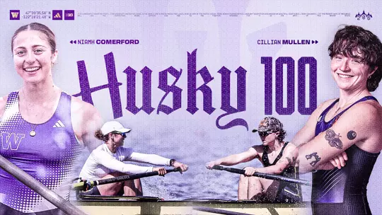 graphic celebrating UW rowers Niamh Comerford and Cillian Mullen making the 2026 Husky 100