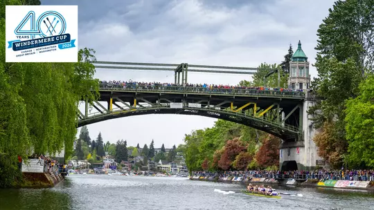 from 2025, a washington men's rowing crew races on the Montlake Cut, under the Montlake Bridge, at the Windermere Cup