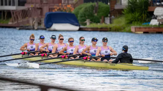 The Washington women's rowing team in action at the California Dual, Redwood Shores, 2026