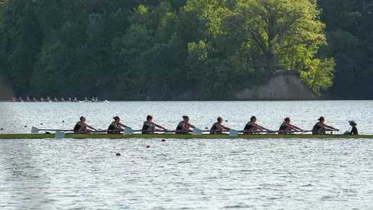 The UW women's varsity eight rows at 2026 Big Ten Championships in Indianapolis on May 15, 2026