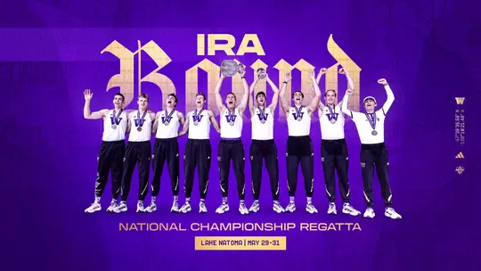 Graphic announcing that the Washington men's rowing team has been selected for the IRA National Championship Regatta